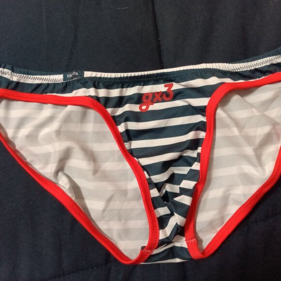 NWT GOTTZU "GX3" BIKINI BRIEF, BLUE AND WHITE STRIPES, ASIAN SIZE "XL" (32"-33") - Picture 2 of 6